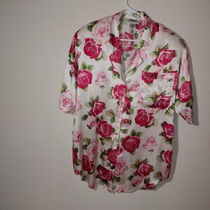 SILX by August Silk 100% Floral Button up Short Sleeve Robe Size M White Pink